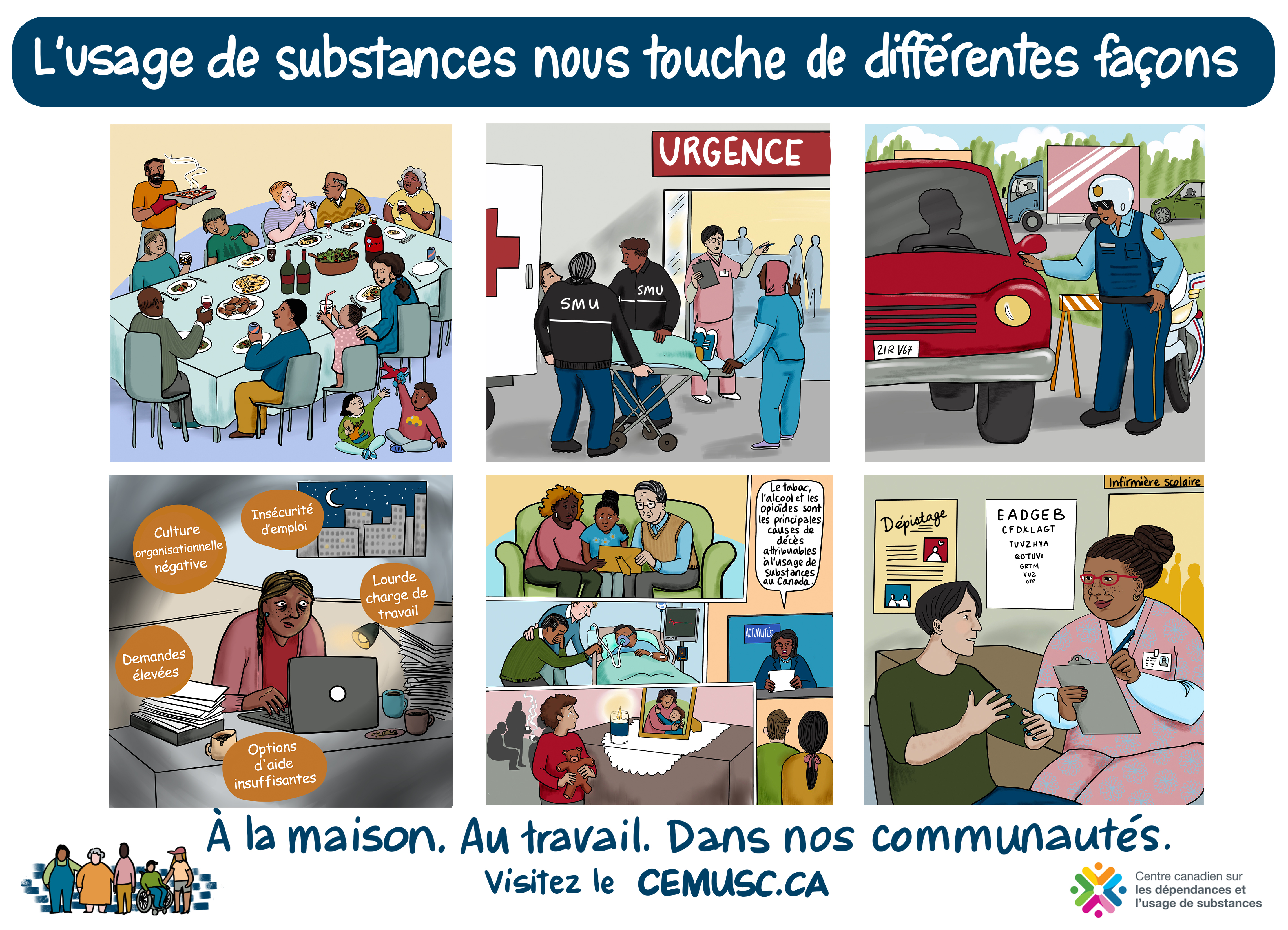 Image d’une famille réunie autour d’une table pour un repas où de l’alcool est servi, avec des enfants qui observent.