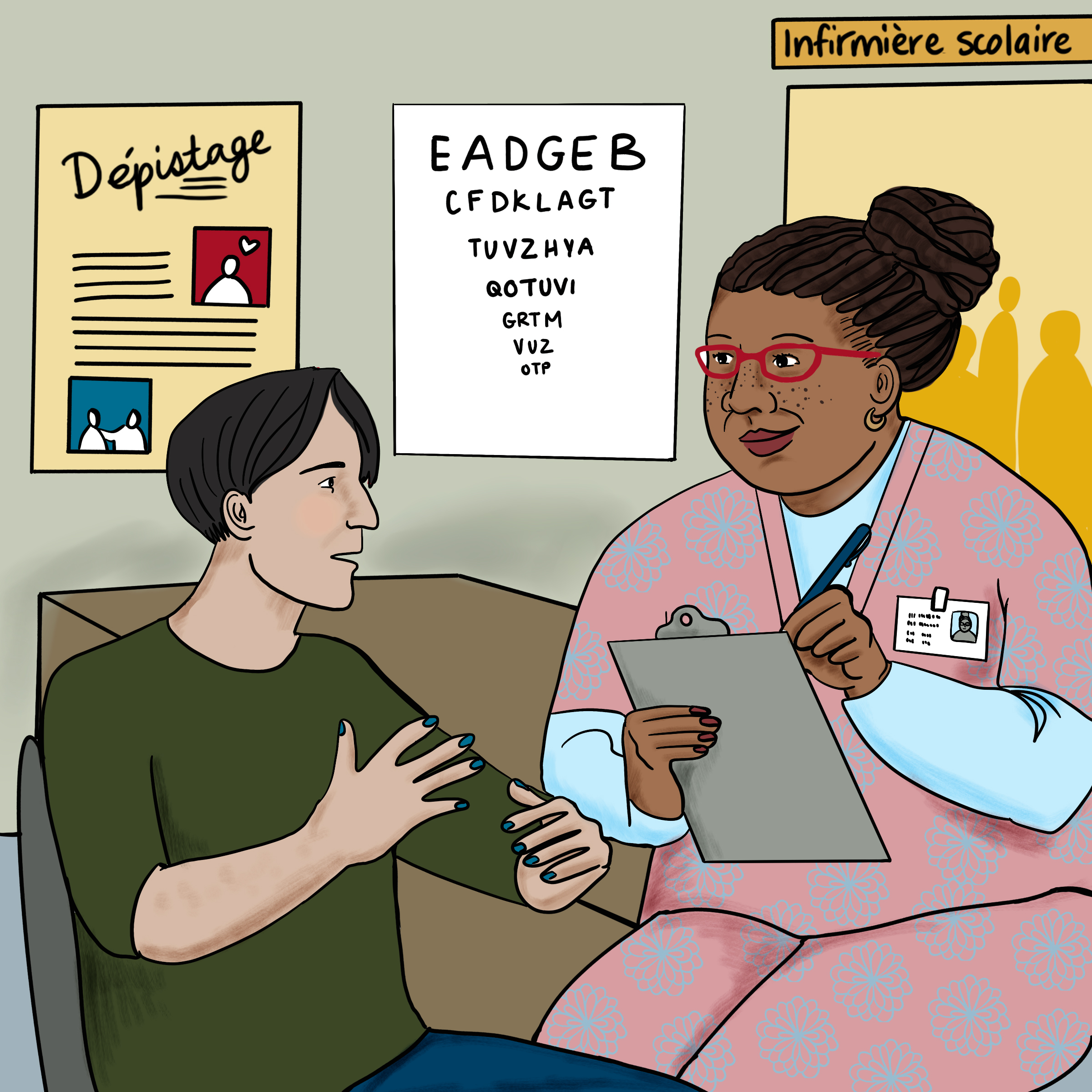 Image d’une infirmière en milieu scolaire qui fait du dépistage avec un étudiant.